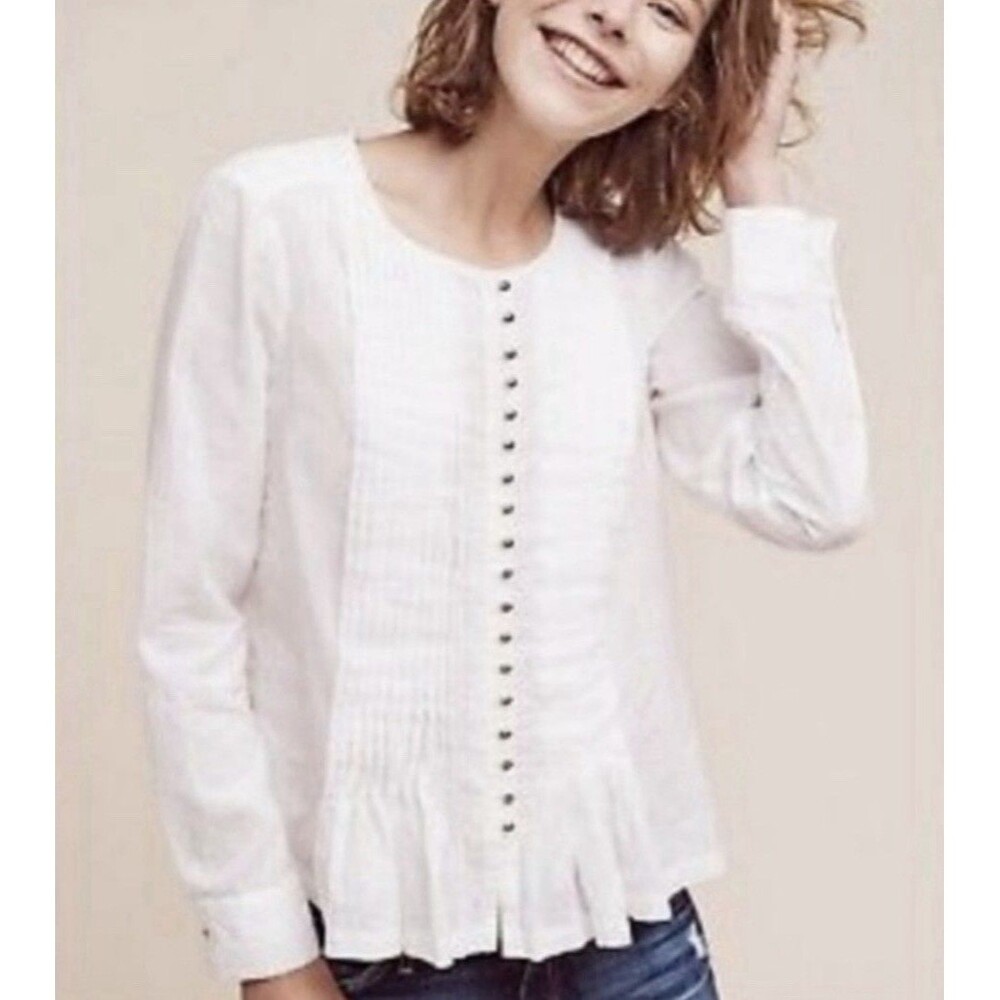 Maeve Gelise Pleated White Cotton Blouse Long Sleeve Size Small Feminine